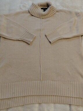 Forever 21 Beige Ribbed Turtleneck Sweater Oversized High Low Hem Size S